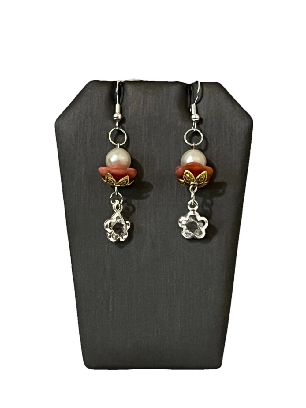 Cottage Core  Acrylic Flower Dangle Earrings Pink Bead Handmade Fairycore